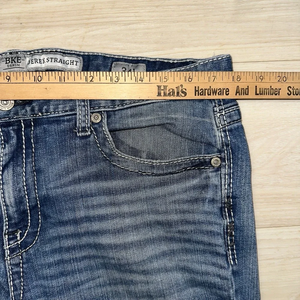 BKE Jeans Mens 34L Blue Derek Straight 36x33 Faded Whiskered Dark‎ Wash Denim